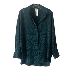 Glam Dark Green Leopard Print LS V-Neck Blouse Oversize Small New with Tags